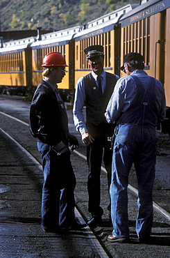 Conductors of the Durango & Silverton Narrow Gauge Railroad in main yard in Durango, Colorado