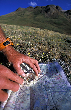 Patrick Harper uses a compass and a topographic map to navigate through the mountains above Ouray, Colorado. Harper, a member of Team Montrail, was practicing his navigation skills for The Primal Quest Adventure Race. Harper trained in the mountains above Ouray, Colorado for a month before the event to get better acclimatized to the high elevation.