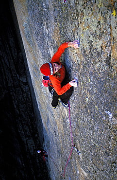 Beth Rodden rock climbing a face on the Renaissance Wall 5.12 Lumpy Ridge, Colorado.