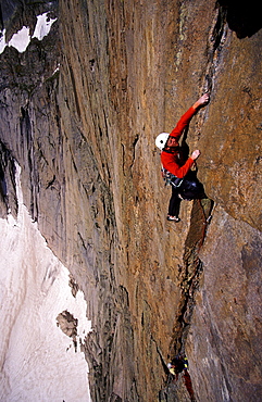 Tommy Caldwell rock climbing a crack on Directisma 5.10a Rocky Mountain National Park, Colorado.