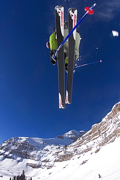 Jeff Annetts getting air on his skis in the Jackson Hole Backcountry on December 15, 2003.