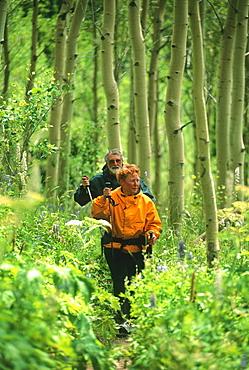 Marilyn & David Diener hike through an Aspen grove in Jackson Hole, Wyoming.