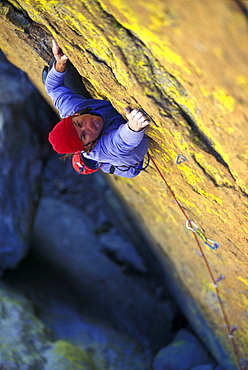 Brian Jonas lead climbing Trade Winds 5.12 in The Needles, California.