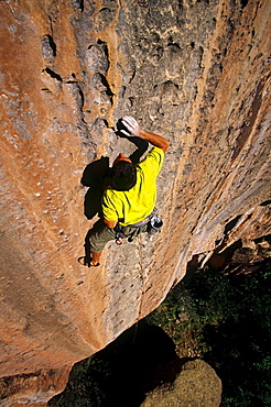 Josh Gross rock climbing 'And Justice for All' rated 5.12, in Mill Creek, La Sal mountains, Utah