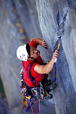 Bob Porter uses his Funkness device while aid climbing up Zodiac, a 16 pitch 5.11 A3+ route on El Capitan in Yosemite National Park, California.