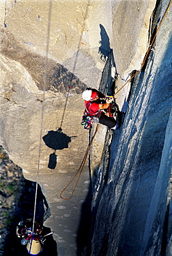 Bob Porter aid climbing up Zodiac, a 16 pitch 5.11 A3+, route on El Capitan in Yosemite National Park, California.