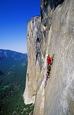 Bob Porter places a cam on Zodiac, a 16 pitch 5.11 A3+, route on El Capitan in Yosemite National Park, California.