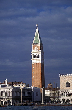 The 99-meter Campanile towers over San Marcos Square in Venice, Italy.