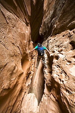 Jeff Crystol scrambling down the North Fork of Robbers Roost Canyon, Robbers Roost Country, Utah.