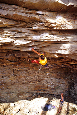 Male climber on steep sandstone in Little River Canyon, Alabama.