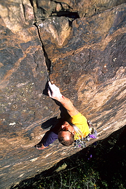 Male rock climber at the New River Gorge, West Virginia.