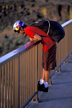 BASE jumper looks over a bridge in Twin Falls, Idaho.