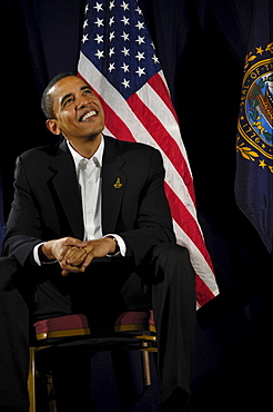 Senator Barack Obama at a political rally in Manchester, New Hampshire.