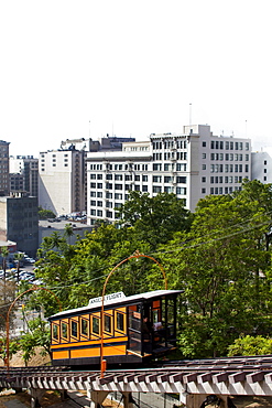 LOS ANGELES, CALIFORNIA, USA. A small rail car that carries people up a steep incline in a downtown center.