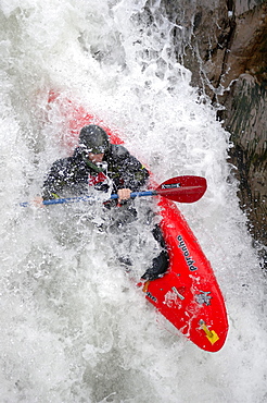 A man kayaks down a huge waterfall on the Alseseca River  in the Veracruz region of Mexico.