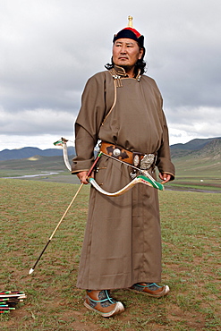 Mounted archer dressed as Genghis Khan. Orkhon Valley, Central Mongolia.