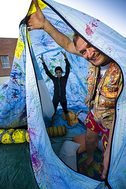 Preparing to inflate a float for a parade in Santa Barbara. The parade features extravagant floats and costumes.