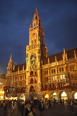 The Glockenspiel at dusk in Munich, Bavaria, Germany.