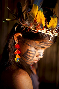 Portrait of an Oro Win girl in a head dress, Amazon Basin, Brazil.