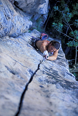 Jeff Jackson climbing Radio Mexixo 5.10, a crack outside of Guadalajara, Mexico.