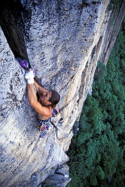 Jeff Jackson climbing Radio Mexixo 5.10, a crack outside of Guadalajara, Mexico.