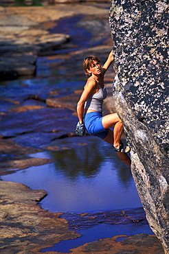 Rikke Ishoy bouldering in Norway.