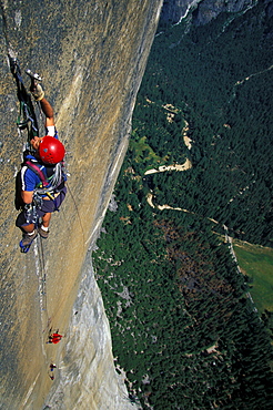 Chris McNamara climbing The Shield on El Capitan in Yosemite National Park, California.