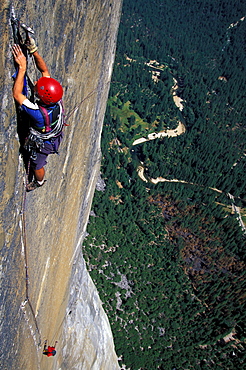 Chris McNamara climbing The Shield on El Capitan in Yosemite National Park, California.