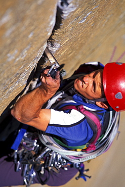 Chris McNamara climbing The Shield on El Capitan in Yosemite National Park, California.