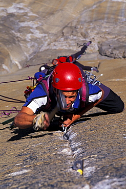 Chris McNamara climbing The Shield on El Capitan in Yosemite National Park, California.