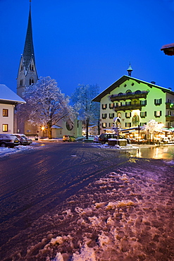 Nighttime view of the village of Mayrhofen, Austria.