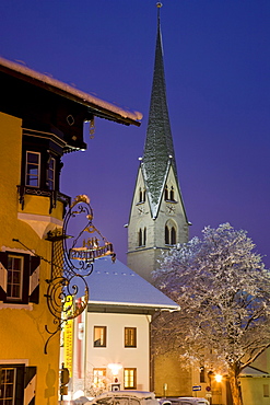 Nighttime view of the village of Mayrhofen, Austria.