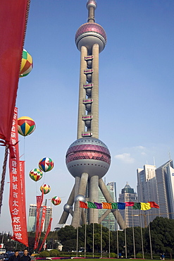 The Oriental Pearl Tower in the Pudong New Area, Shanghai, China.