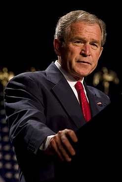 President of the United States of America George W. Bush addresses an assembly during the National Catholic Prayer Breakfast in Washington, D.C. at the Capitol Hilton on April 16, 2008.