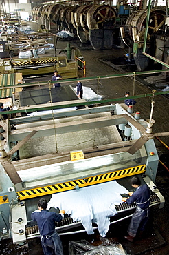 SRL leather processing factory. Considered the best leather processing factory for quality and innovation in the world. Employs 2500 people. Processes untreated hides through to finished tanned and treated hides ready to be purchased by manufacturers of clothing, footwear, automative industry. The huge drums pictured in background of photo contain leather hides being processed and softed, in the foreground workers seen "splicing" or cutting in half the thickness of treated hide.