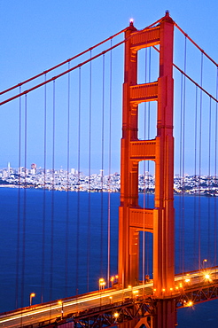The Golden Gate Bridge at dusk with San Francisco in the background, California.