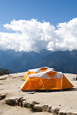 A camp is prepared for a group of hikers in the Andes Mountains on the Inca Trail.