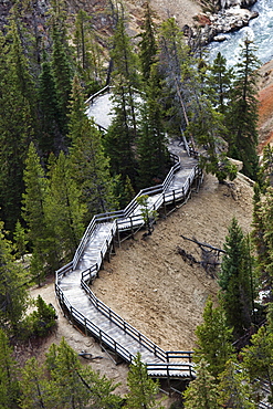 A narrow stair set winds down to a overlook of Yellowstone Falls in Yellowstone National Park, Wyoming.
