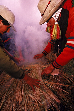 Local men cook a traditional meal by burying meat and potatoes with hot rocks, then covering it in the earth