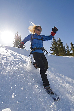 A woman snowshoeing down a steep snowslope on Molas Pass, San Juan National Forest, Silverton, Colorado.