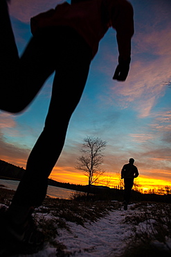 Sunrise run after a late fall snowfall in the White Mountains of New Hampshire, Randolph, NH, USA