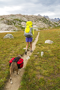 A woman and her dog hiking along trail into Titcomb Basin in the Wind River Range, Bridger Teton National Forest,  Pinedale, Wyoming.