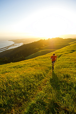 Man runs trails in the Marin Headlands in California.