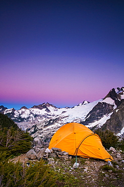 Tent at dusk, White Rock Lakes along the Ptarmigan Traverse, North Cascades, Washington