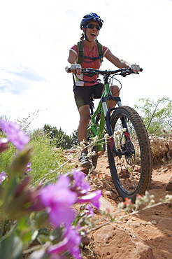 Woman rides the Templeton Trail in South Sedona, Arizona.  Templeton Trail rides over slickrock of the Cathedral Rock with views of Courthouse Butte across the way.