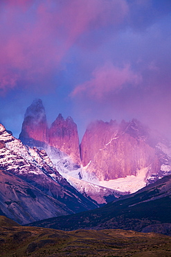 A stormy sunrise on the Torres, the crown jewel of Chile's Torres del Paine National Park.