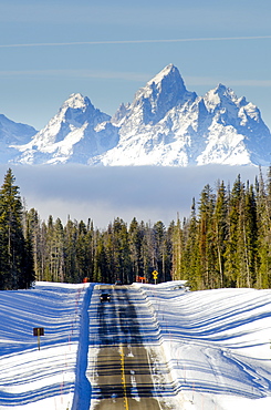 US Highway 287 and mountains in the winter, Jackson Hole, Wyoming, united States