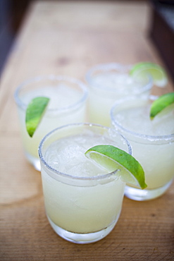 Four delicious looking margaritas with limes in Todos Santos, Baja California Sur, Mexico