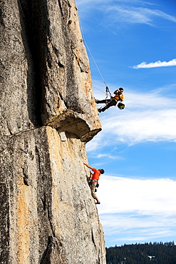 Corey Rich photographs Mitch Underhill on a climb on Lower Phantom Spire, South Lake Tahoe, CA, United States of America