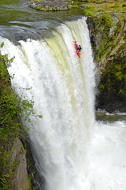 A man kayaks down a waterfall on the Alseseca River in the Veracruz region of Mexico, United States of America